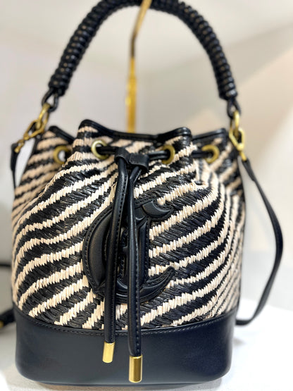 Zebra straw bucket purse