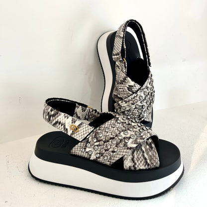 Platform sandals with jewel studs (python print)