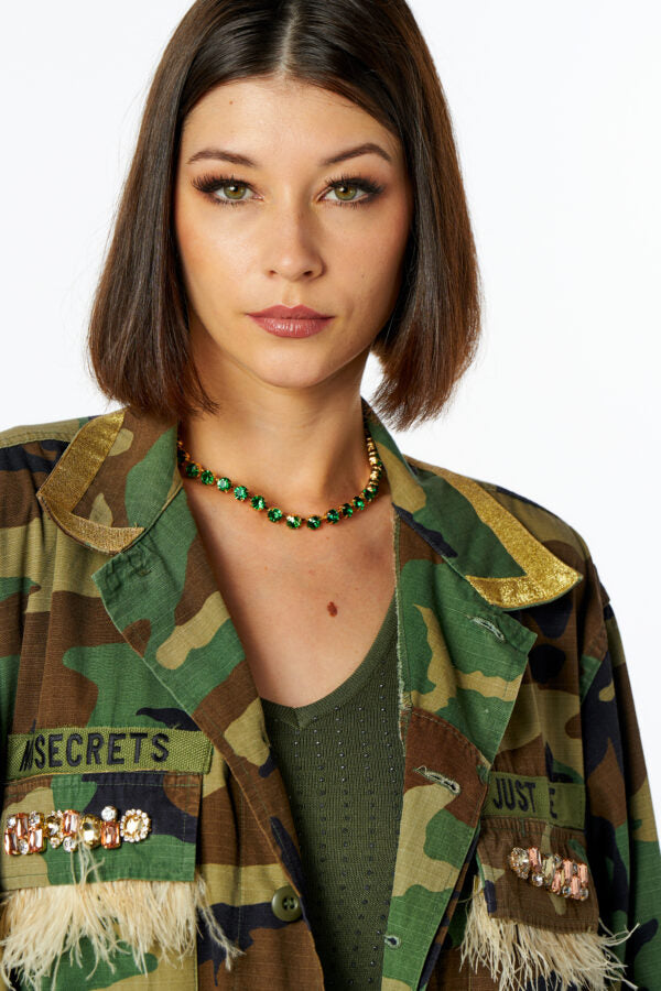 Camouflage jacket with feathers and rhinestones