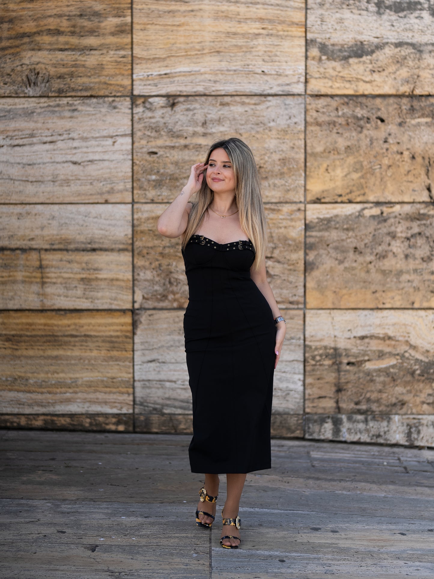 Buckled-trim midi dress