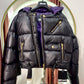 Black puffer jacket with purplw detail