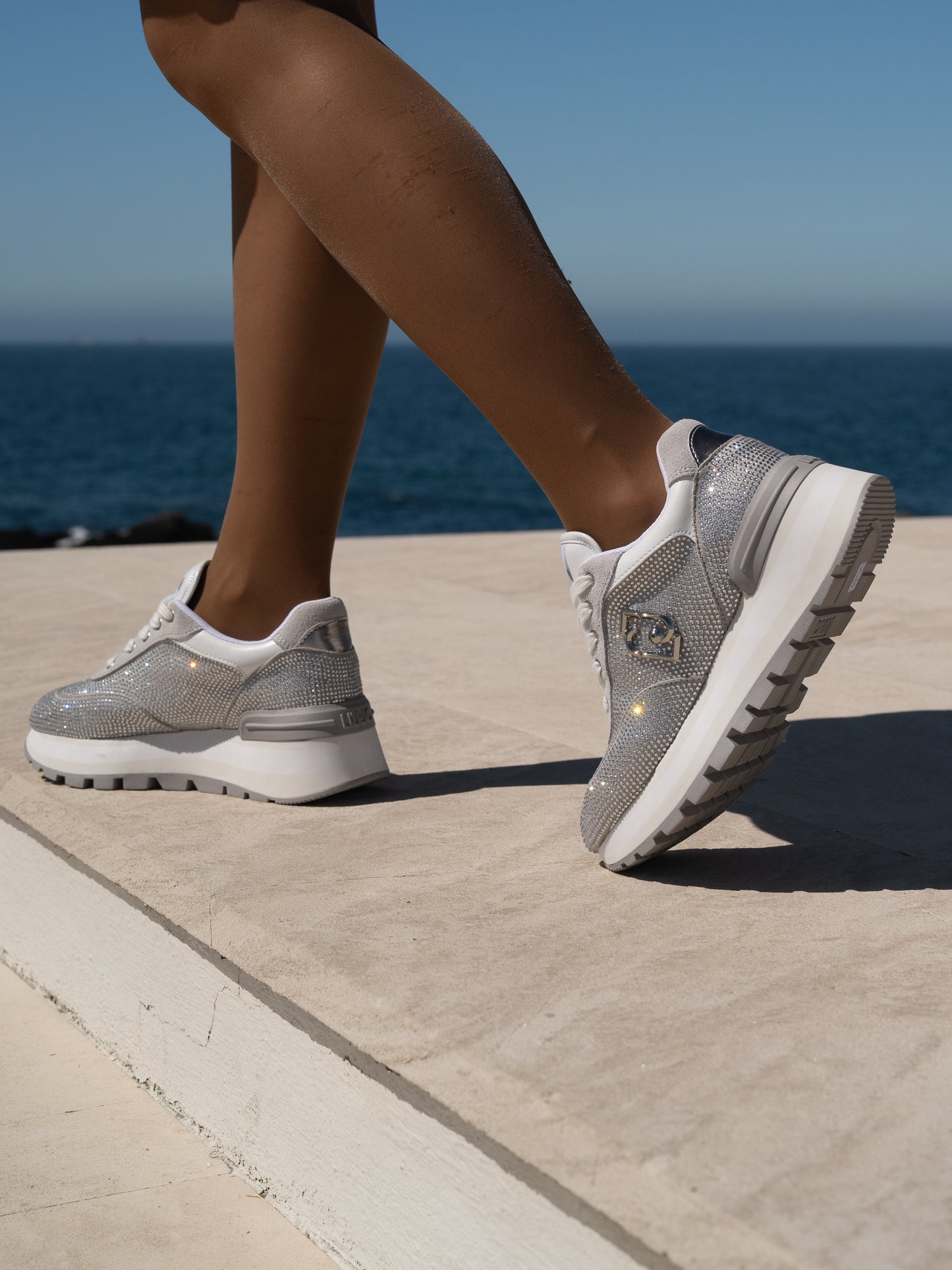 Grey  sneakers with all-over rhinestones