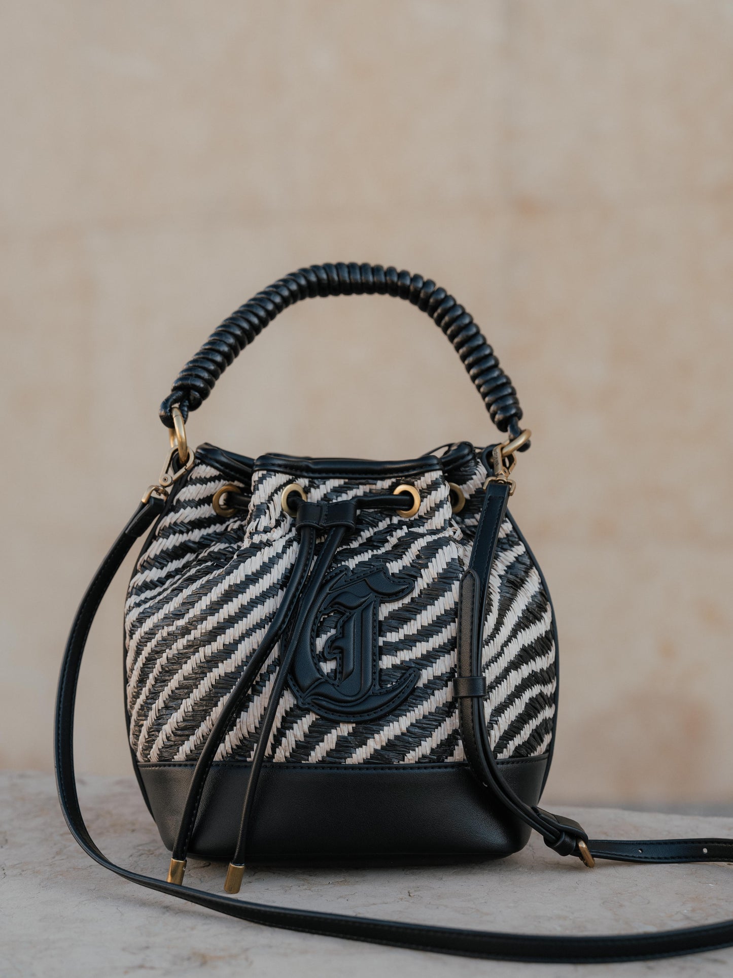 Zebra straw bucket purse