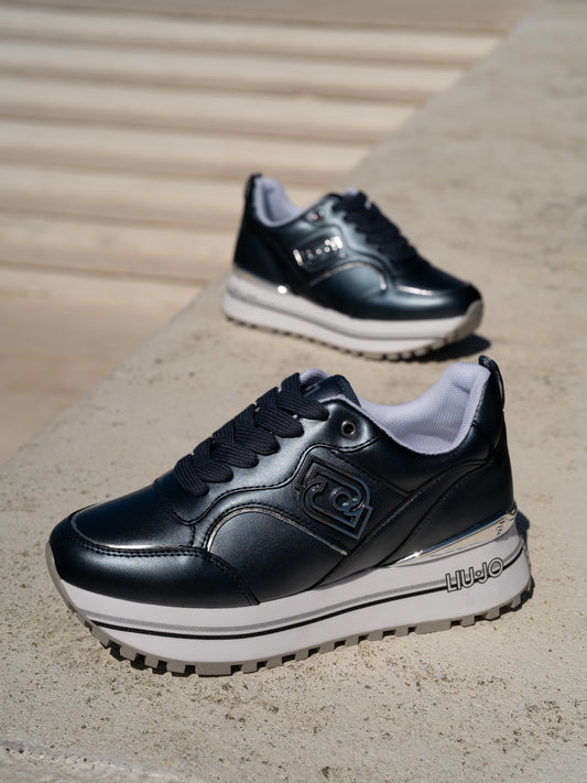 Blue metallic-effect leather platform sneakers