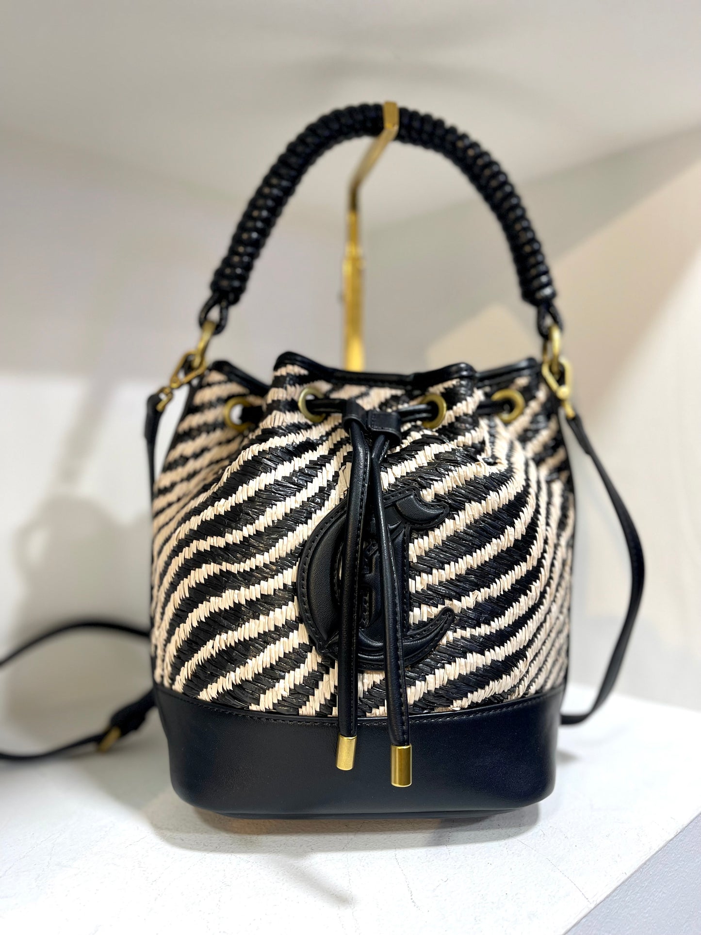 Zebra straw bucket purse