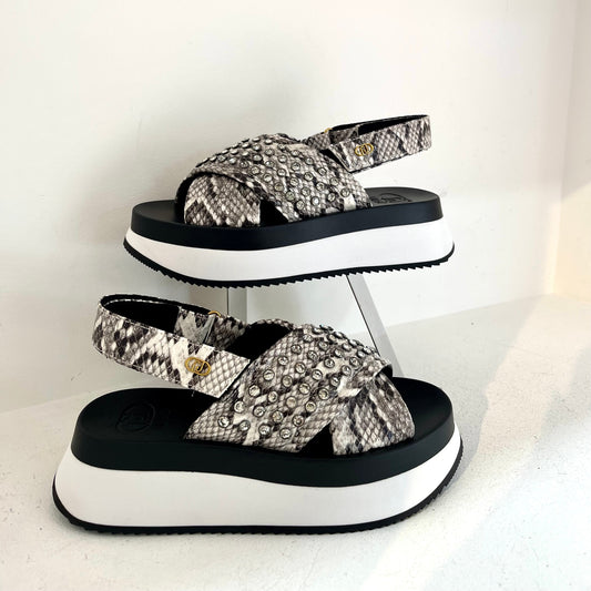 Platform sandals with jewel studs (python print)