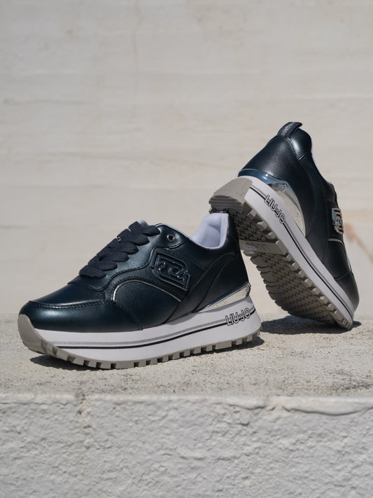 Blue metallic-effect leather platform sneakers