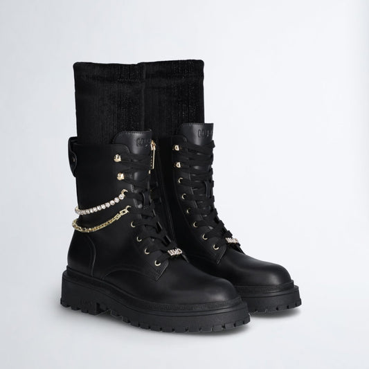 Leather combat boots with removable gaiters