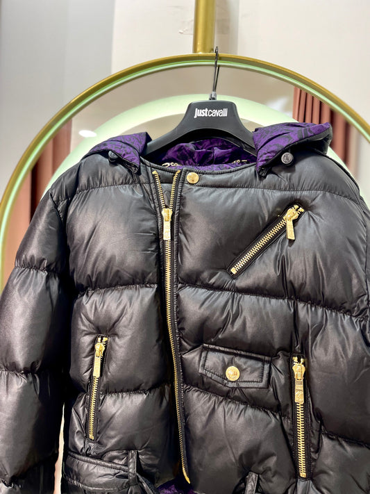 Black puffer jacket with purplw detail