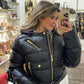 Black puffer jacket with purplw detail