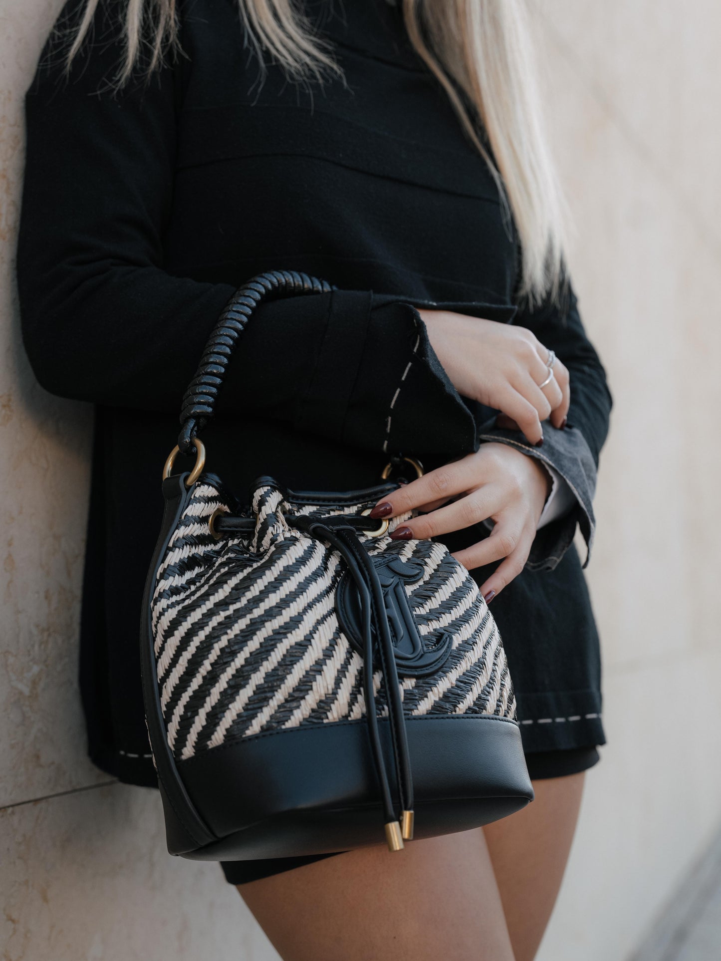 Zebra straw bucket purse