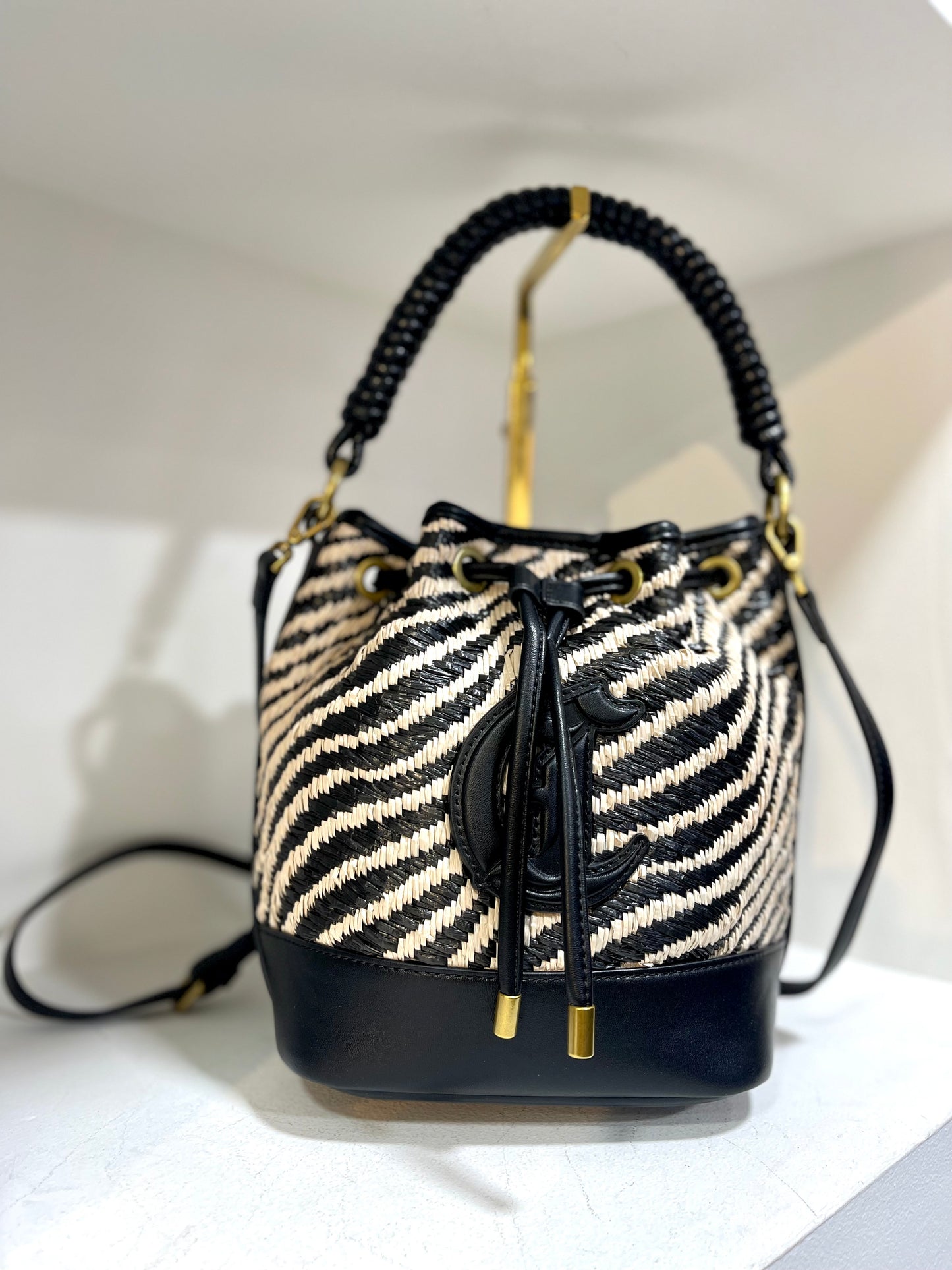 Zebra straw bucket purse