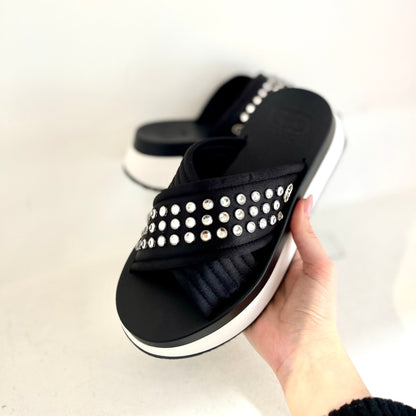 Platform sandals with bejewelled studs