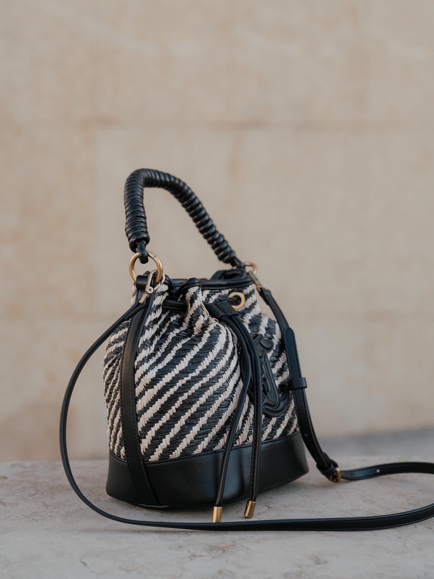 Zebra straw bucket purse