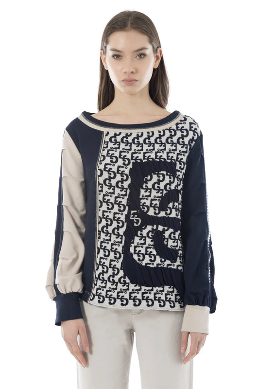 Blue and beige ‘EC’ sweatshirt with boat neckline
