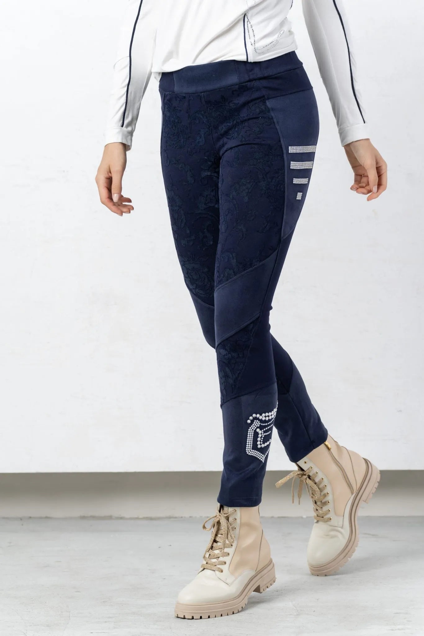 Midnight blue stretch leggings with flock print