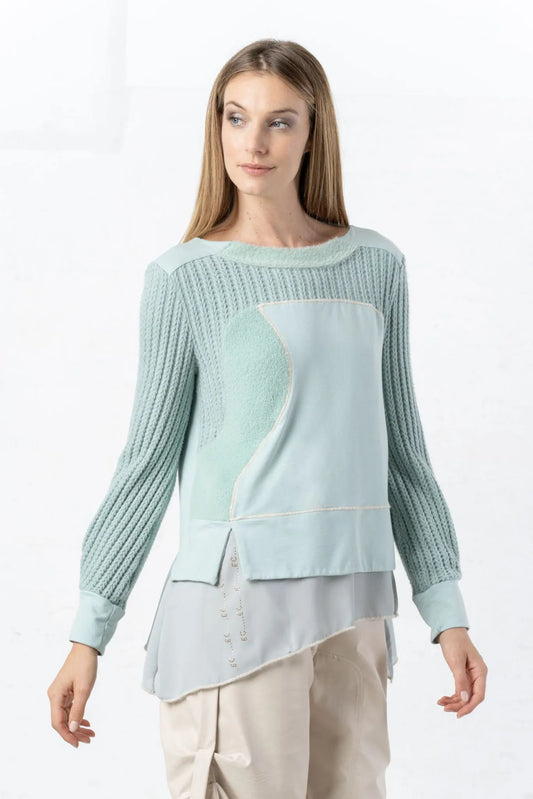 Sage green plush and knit blouse