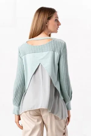 Sage green plush and knit blouse