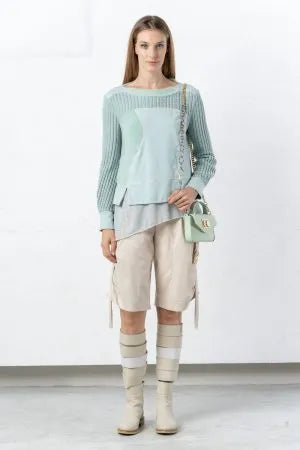 Sage green plush and knit blouse