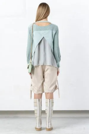 Sage green plush and knit blouse