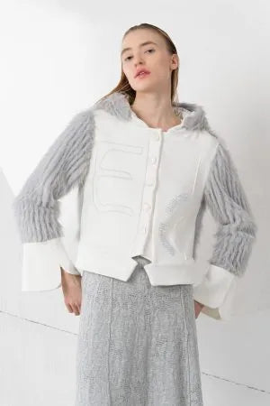 White and gray melange faux fur jacket