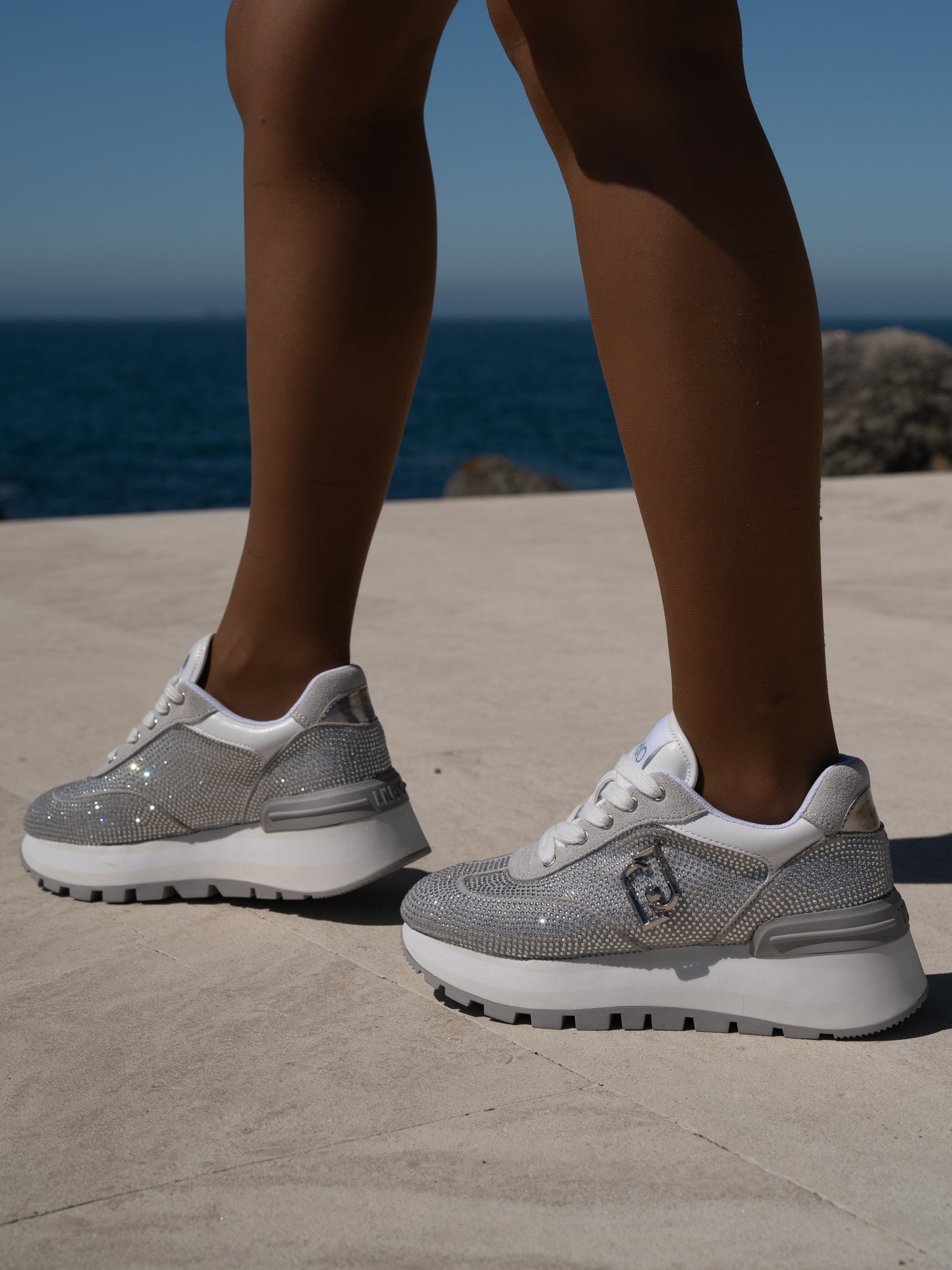 Grey  sneakers with all-over rhinestones