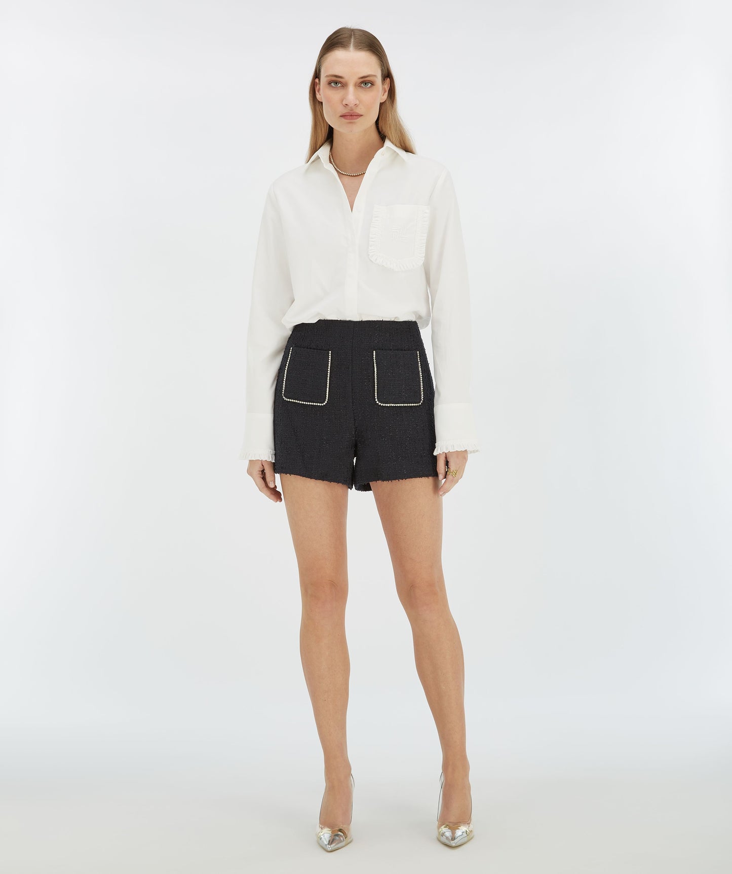 ELVIRA high-waisted bouclé shorts with decorative stones