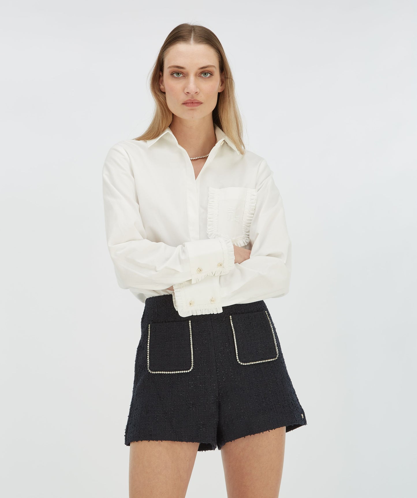 ELVIRA high-waisted bouclé shorts with decorative stones