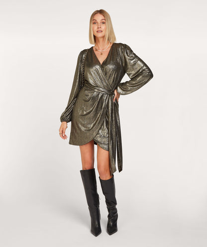 ISABEAU regular fit wrap dress with glitter - black gold