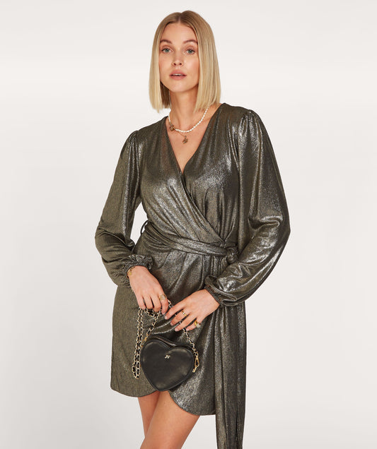 ISABEAU regular fit wrap dress with glitter - black gold