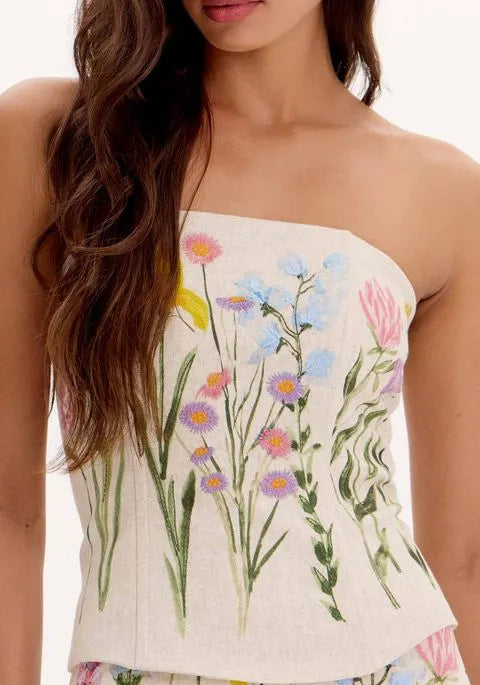 Blusa corset ziper flores linho