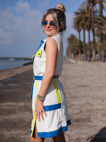 White dress with blue and green details